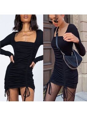Princess Polly Mikayla Black Long Sleeve Ribbed Square Neck Ruched Mini Dress 4